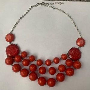 Red SilverBeaded Unsigned Statement Necklace 20” Costume Jewelry